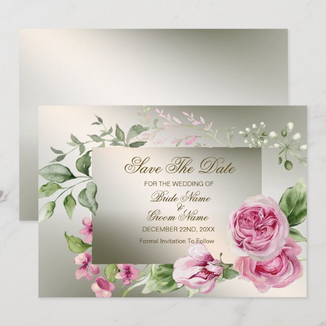 Save The Date Aquarelle mariage Rose Floral Frame Bronze brillan (Devant / Derrière)