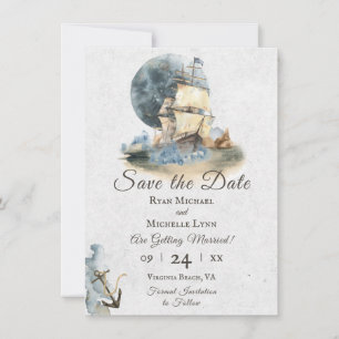 Save The Date Aquarelle marine navire et Mariage de Pleine lune