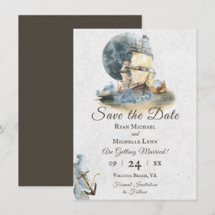 Save The Date Aquarelle marine navire et Mariage de Pleine lune