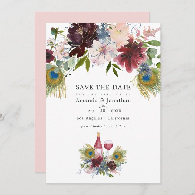 Save The Date Aquarelle Marsala et Fleurs Roses Mariage Économis (Devant / Derrière)
