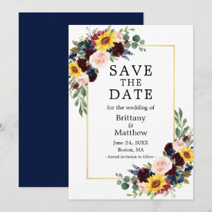 Save The Date Aquarelle mélangée Floral Blue or élégant