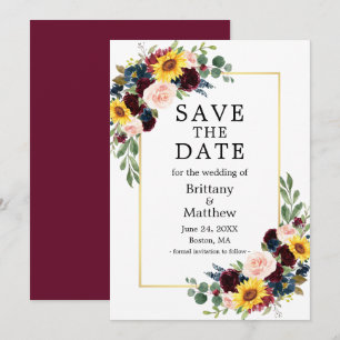 Save The Date Aquarelle mélangée Floral Bourgogne or Elégant