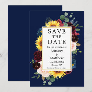 Save The Date Aquarelle Mixte Floral Blue Gold Frame