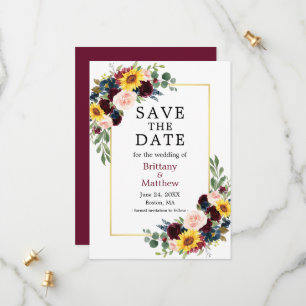 Save The Date Aquarelle Mixte Floral Or Bourgogne Élégant