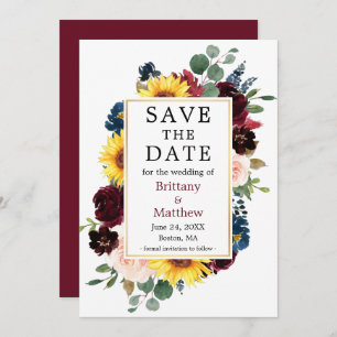 Save The Date Aquarelle Mixte Floral Or Frame Bourgogne