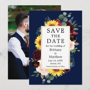 Save The Date Aquarelle Mixte Florale Photo Arrière Bleu Or