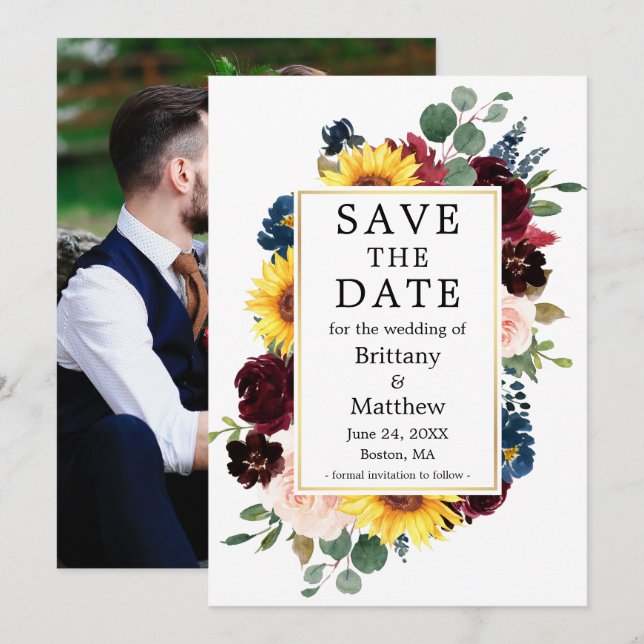 Save The Date Aquarelle Mixte Florale Photo Arrière Cadre Or (Devant / Derrière)