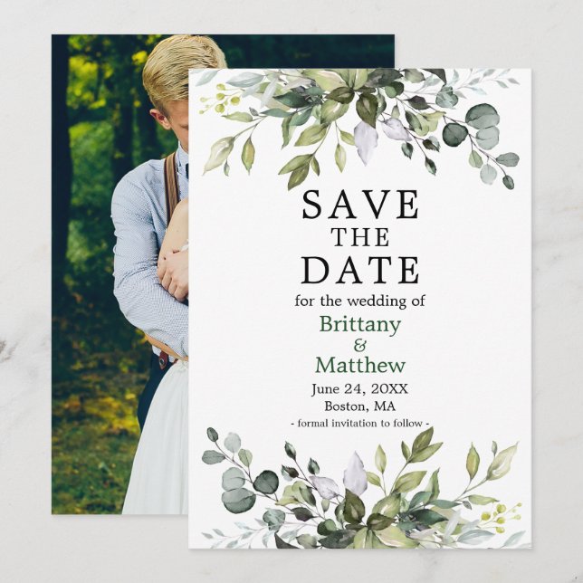 Save The Date Aquarelle moderne Botanique Vert Photo Vert (Devant / Derrière)