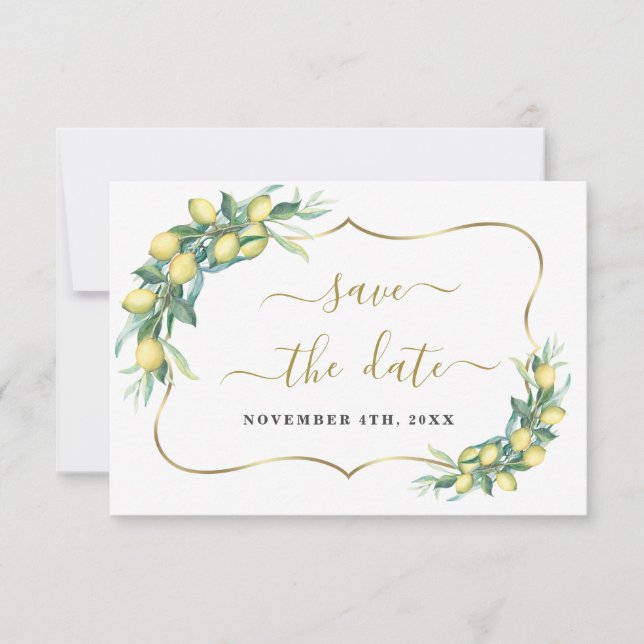 Save The Date Aquarelle moderne citron Mariage calligraphie (Devant)