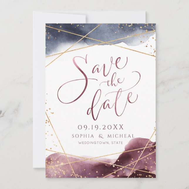 Save The Date Aquarelle moderne Dusk Calligraphie géométrique (Devant)