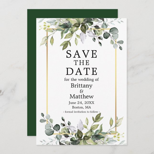 Save The Date Aquarelle moderne élégante Botanique Verdure Or (Devant / Derrière)