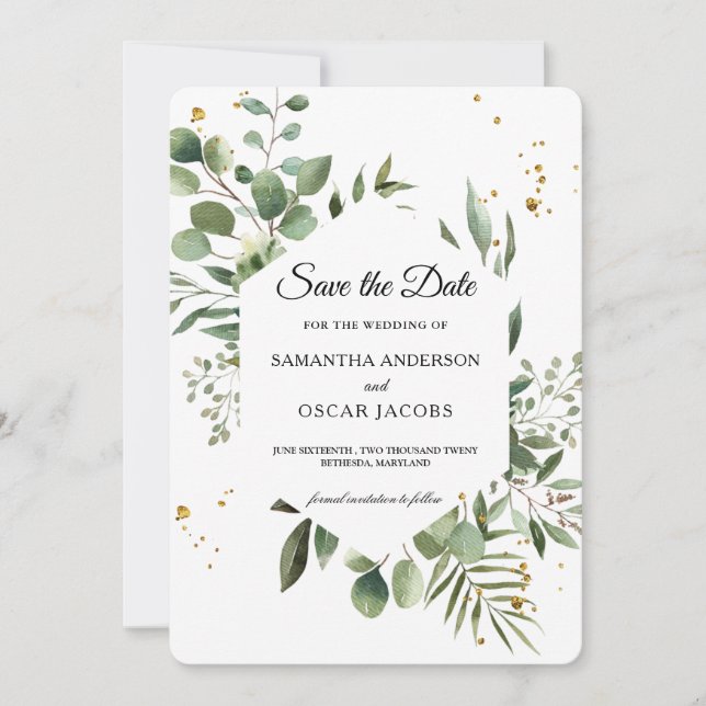 Save The Date Aquarelle moderne Vert Eucalyptus Cadre vert (Devant)