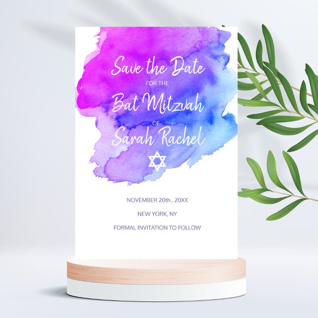 Save The Date Aquarelle moderne violet bleu étoile BAT MITZVAH (Créateur téléchargé)