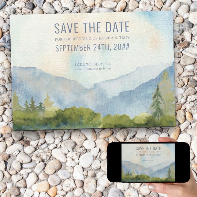 Save The Date Aquarelle Mountain Lake Dusty Blue (Créateur téléchargé)