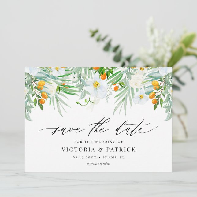 Save The Date Aquarelle Orchidées et Kumquats Mariage d'été (Debout devant)