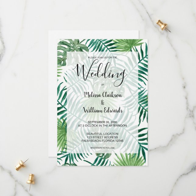 Save The Date Aquarelle palme tropicale feuilles Beach mariage (Devant/Arrière en situation)