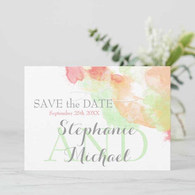 Save The Date Aquarelle papillon arc-en-ciel Sherbet SavetheDate (Debout devant)