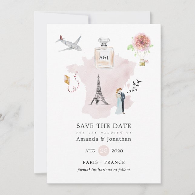 Save The Date Aquarelle Paris Mariage à thème Monogramme (Devant)