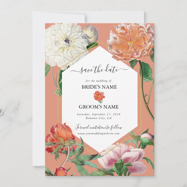 Save The Date Aquarelle Peach Pink Peonies Mariage (Devant)