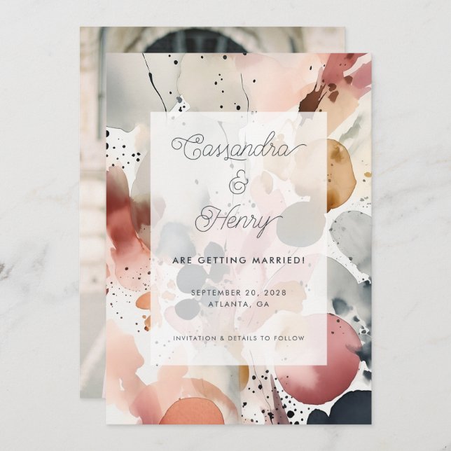 Save The Date Aquarelle Peinture Script Pastel Photo Mariage (Devant / Derrière)