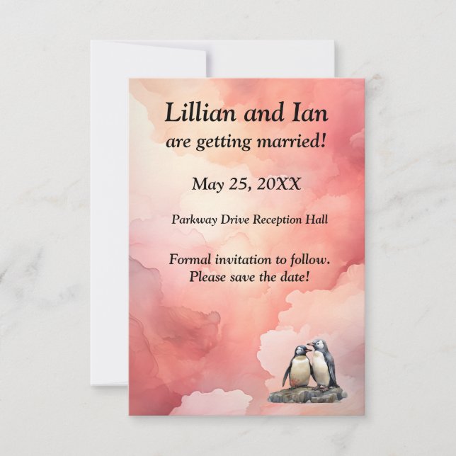 Save The Date Aquarelle Penguin style simple rouge Enregistrer l (Devant)