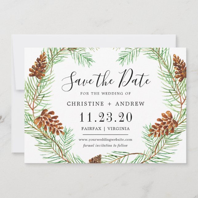 Save The Date Aquarelle Pinecone Élégant hiver simple (Devant)
