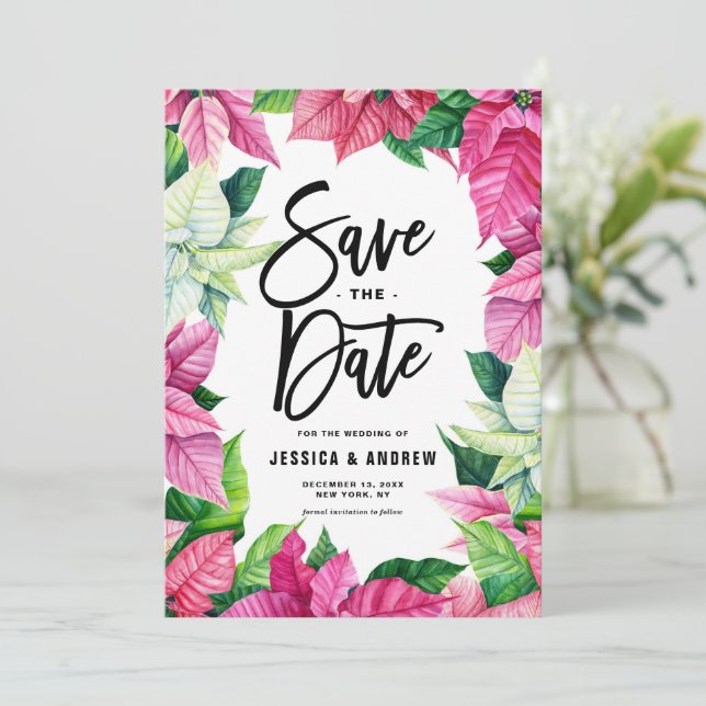 Save The Date Aquarelle Pink Poinsetty Wreath Winter (Debout devant)