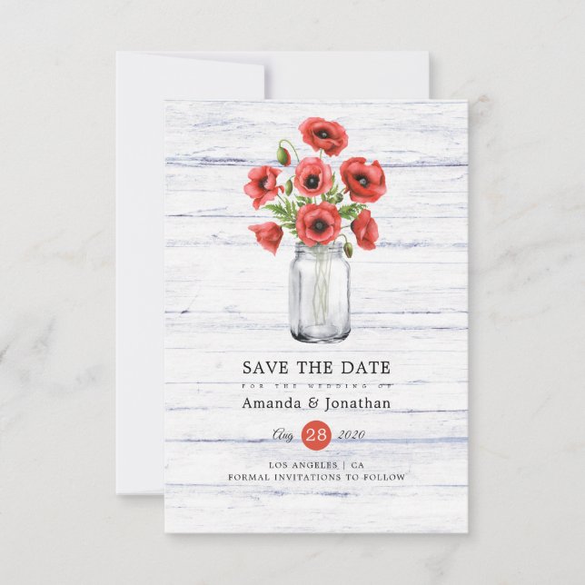 Save The Date Aquarelle Poppy Rustique Mason Jar Mariage (Devant)