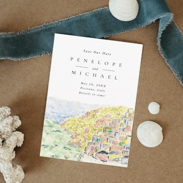Save The Date Aquarelle Positano Italie Destination Mariage (Créateur téléchargé)