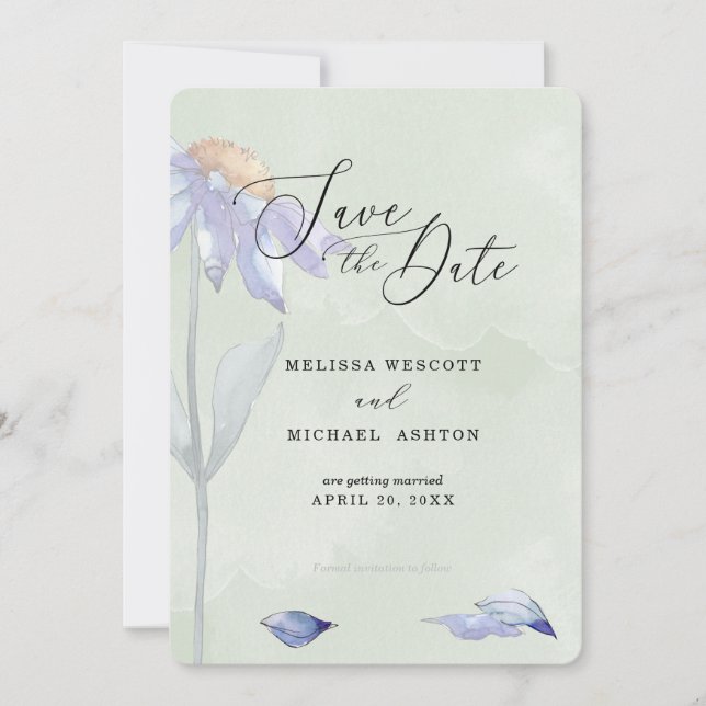 Save The Date Aquarelle Purple Daisy Rustique Sage Green Mariage (Devant)