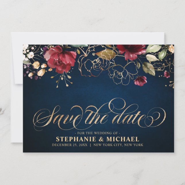 Save The Date Aquarelle romantique Bourgogne Rouge Marine or Flo (Devant)