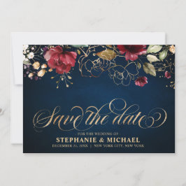 Save The Date Aquarelle romantique Bourgogne Rouge Marine or Flo