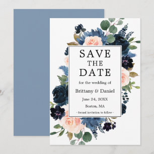 Save The Date Aquarelle rose bleu foncé Cadre Floral