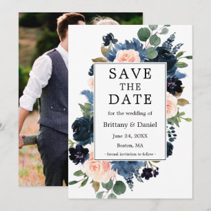 Save The Date Aquarelle rose bleu foncé photo florale