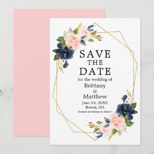 Save The Date Aquarelle rose Blush Blue Rose Gold Geo Frame