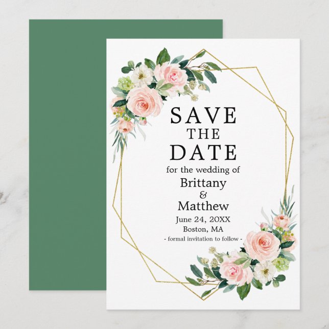 Save The Date Aquarelle rose Blush Rose Vert Geo Cadre (Devant / Derrière)