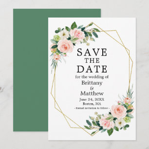Save The Date Aquarelle rose Blush Rose Vert Geo Cadre