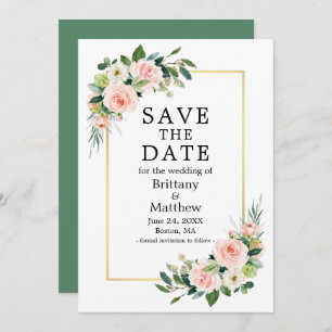 Save The Date Aquarelle rose Blush Rose Vert Or Cadre
