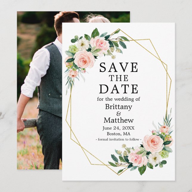 Save The Date Aquarelle rose Blush Roses Gold Geo Frame Photo (Devant / Derrière)