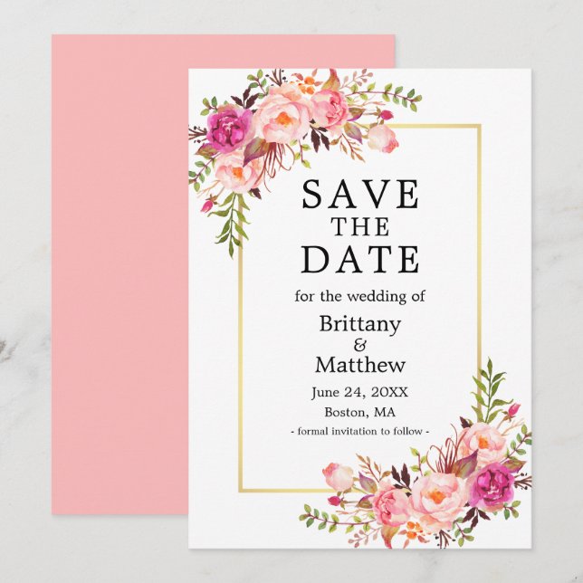 Save The Date Aquarelle Rose Blush Roses Or Enregistrer La Date (Devant / Derrière)