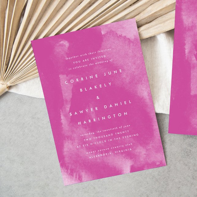 Save The Date Aquarelle rose Boho (Rich pink watercolor wash bohemian modern wedding invitations.)