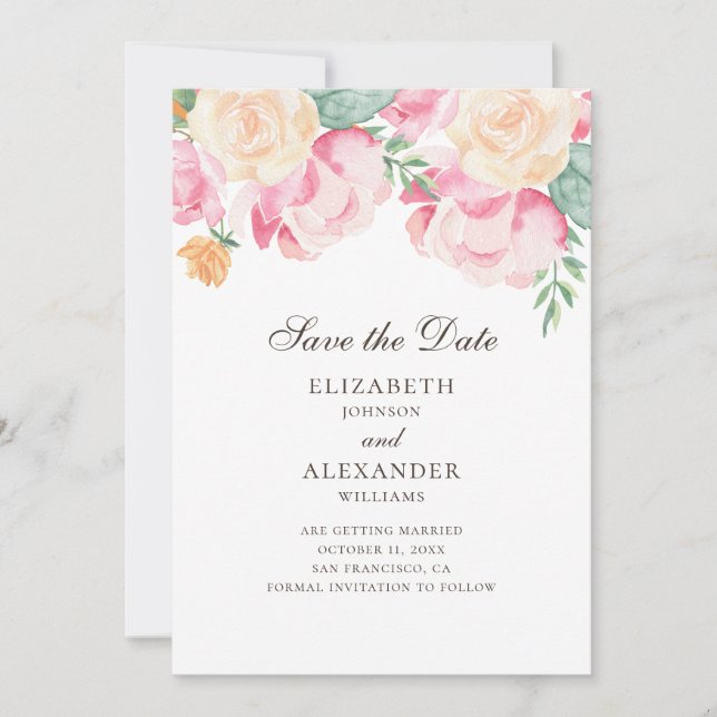 Save The Date Aquarelle rose et fleurs de pêche. Mariage floral (Devant)