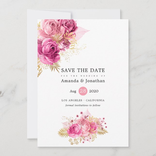 Save The Date Aquarelle rose et or Mariage floral (Devant)
