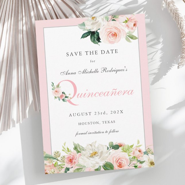 Save The Date Aquarelle rose Floral Quinceañera Enregistrer la d (Available in printed and digital download formats.)