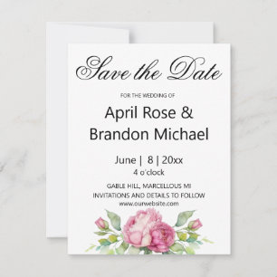 Save The Date Aquarelle rose florales pivoines roses SAUVER LA D