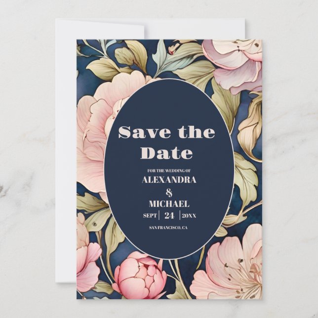 Save The Date Aquarelle rose Peony Art nouveau Mariage (Devant)