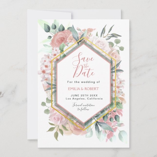Save The Date Aquarelle rose rose moderne Floral Gold Frame (Devant)