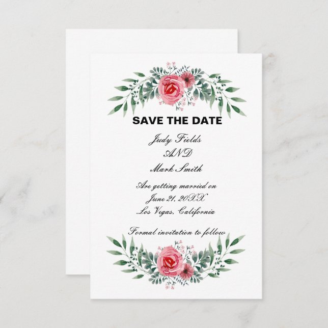 Save The Date Aquarelle Rose Rose Vert Feuillage (Devant / Derrière)