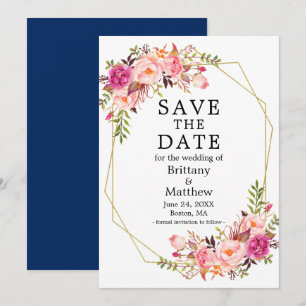 Save The Date Aquarelle rose Roses Geo Cadre Bleu Enregistrer La