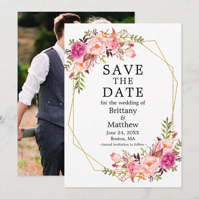 Save The Date Aquarelle rose Roses Geo Frame Photo (Devant / Derrière)
